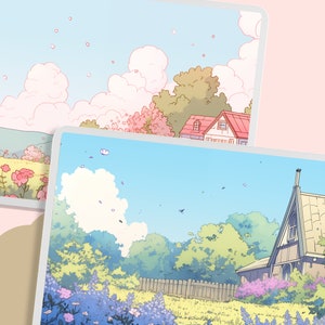May include: A digital illustration of a whimsical landscape with a small house in the foreground. The house has a pointed roof and a chimney. The background features a blue sky with fluffy white clouds and a field of flowers.