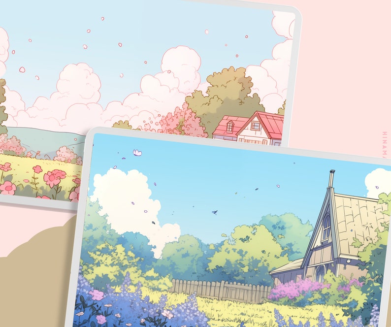 May include: A digital illustration of a whimsical landscape with a small house in the foreground. The house has a pointed roof and a chimney. The background features a blue sky with fluffy white clouds and a field of flowers.