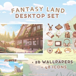 Fantasy Land Bureaublad Achtergronden Pictogrammen Esthetisch Avontuur Desktoporganizer Schattig Windows Mac-map Anime Lofi Landschap Landschapspakket