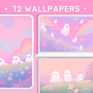 Pastel ghosts wallpaper cute wallpaper halloween wallpaper lofi wallpaper aesthetic desktop wallpaper rainbow kawaii wallpapers pack image 1
