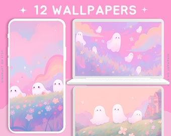 Pastel ghosts wallpaper cute wallpaper halloween wallpaper lofi wallpaper aesthetic desktop wallpaper rainbow kawaii wallpapers pack