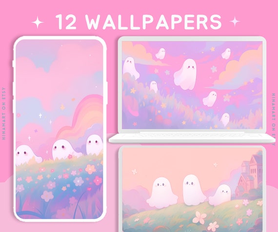 Pastel ghosts wallpaper cute wallpaper halloween wallpaper lofi wallpaper aesthetic desktop wallpaper rainbow kawaii wallpapers pack