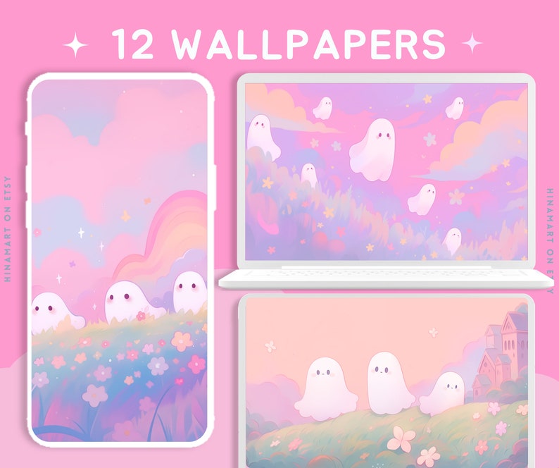 Pastel ghosts wallpaper cute wallpaper halloween wallpaper lofi wallpaper aesthetic desktop wallpaper rainbow kawaii wallpapers pack image 1