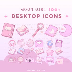 May include: A set of over 100 pink and white desktop icons featuring cute illustrations of a cat, a moon, a star, a book, a globe, a paintbrush, a camera, a flower, a game controller, and a bin. The icons are designed in a kawaii style and are perfect for adding a touch of whimsy to your computer desktop.