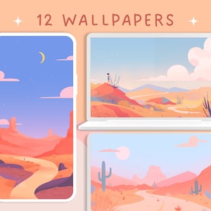May include: Digital wallpapers displayed on a phone, laptop, and tablet. The illustrations depict desert landscapes in shades of orange, pink, and blue. The text "12 WALLPAPERS" is at the top. The phone displays a road leading to a mountain.