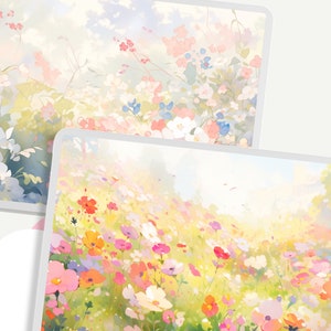 May include: A digital painting of a field of colorful wildflowers in a soft, dreamy style. The flowers are in various shades of pink, purple, yellow, and orange, and the background is a hazy blue and white.