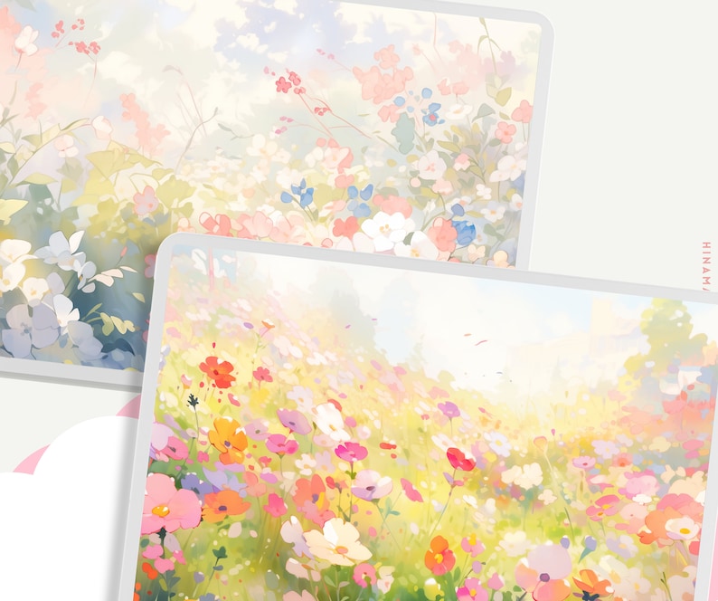 May include: A digital painting of a field of colorful wildflowers in a soft, dreamy style. The flowers are in various shades of pink, purple, yellow, and orange, and the background is a hazy blue and white.