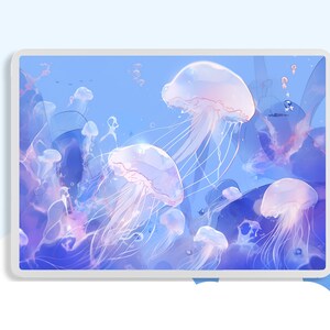 May include: A digital illustration of a blue and purple underwater scene with multiple jellyfish. The jellyfish are translucent and have long, flowing tentacles. The background is a soft blue with hints of purple and pink.