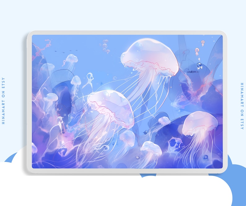 May include: A digital illustration of a blue and purple underwater scene with multiple jellyfish. The jellyfish are translucent and have long, flowing tentacles. The background is a soft blue with hints of purple and pink.