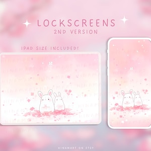 May include: Digital lockscreens in pink, featuring a watercolour design with two white bunnies and cherry blossoms. The text "LOCKSCREENS 2ND VERSION" and "IPAD SIZE INCLUDED!" are displayed. The background is a soft pink.