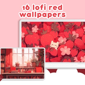Puede incluir: Una descarga digital de 16 fondos de pantalla estéticos lofi rojos y blancos con fresas y un gato lindo. Los fondos de pantalla son perfectos para agregar un toque de fantasía a tu computadora o teléfono.