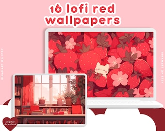 Lofi Red Wallpapers Pack cute art desktop night cat wallpaper garden books kawaii dark scenery tea background cozy anime room wallpaper