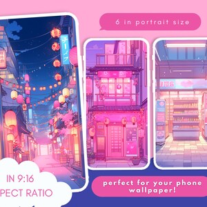 May include: A digital illustration of a Japanese street scene at night with pink and blue lighting. The street is lined with buildings and lanterns. The image is in a 9:16 aspect ratio and is 6 inches in portrait size.