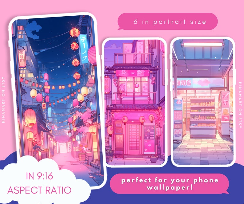 May include: A digital illustration of a Japanese street scene at night with pink and blue lighting. The street is lined with buildings and lanterns. The image is in a 9:16 aspect ratio and is 6 inches in portrait size.