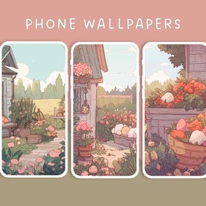 May include: Three phone wallpapers featuring a cottage with a garden, flowers, and a basket of fruit. The first wallpaper shows a view of the cottage from the garden. The second wallpaper shows a close-up of the cottage with flowers in front of it. The third wallpaper shows a basket of fruit on a table in front of the cottage.