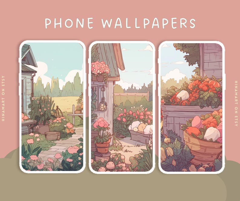 May include: Three phone wallpapers featuring a cottage with a garden, flowers, and a basket of fruit. The first wallpaper shows a view of the cottage from the garden. The second wallpaper shows a close-up of the cottage with flowers in front of it. The third wallpaper shows a basket of fruit on a table in front of the cottage.