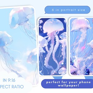 May include: Three phone wallpapers featuring a blue and purple jellyfish with a white background. The text "HINAMART ON ETSY" is on the left and right sides of the image. The text "6 in portrait size" is at the top of the image. The text "IN 9:16 ASPECT RATIO" is at the bottom left of the image. The text "perfect for your phone wallpaper!" is at the bottom center of the image.