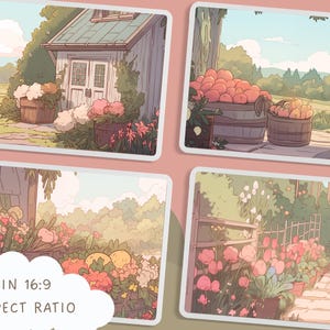 May include: Four illustrations of a garden scene with flowers, a house, and a path. The first image shows a small house with a white door and a garden with pink and white flowers. The second image shows a garden with red apples in a basket. The third image shows a garden with pink flowers and a path. The fourth image shows a garden with pink flowers and a girl in a white dress.