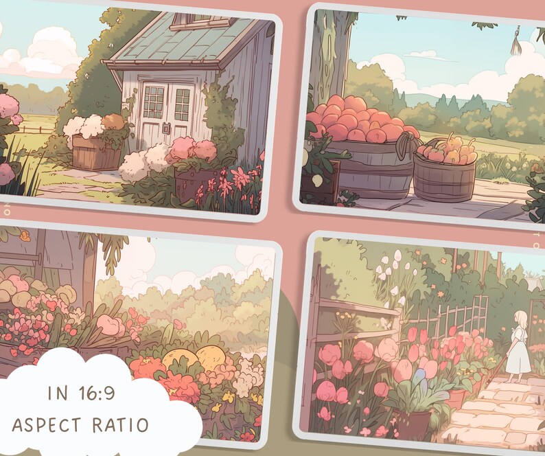 May include: Four illustrations of a garden scene with flowers, a house, and a path. The first image shows a small house with a white door and a garden with pink and white flowers. The second image shows a garden with red apples in a basket. The third image shows a garden with pink flowers and a path. The fourth image shows a garden with pink flowers and a girl in a white dress.