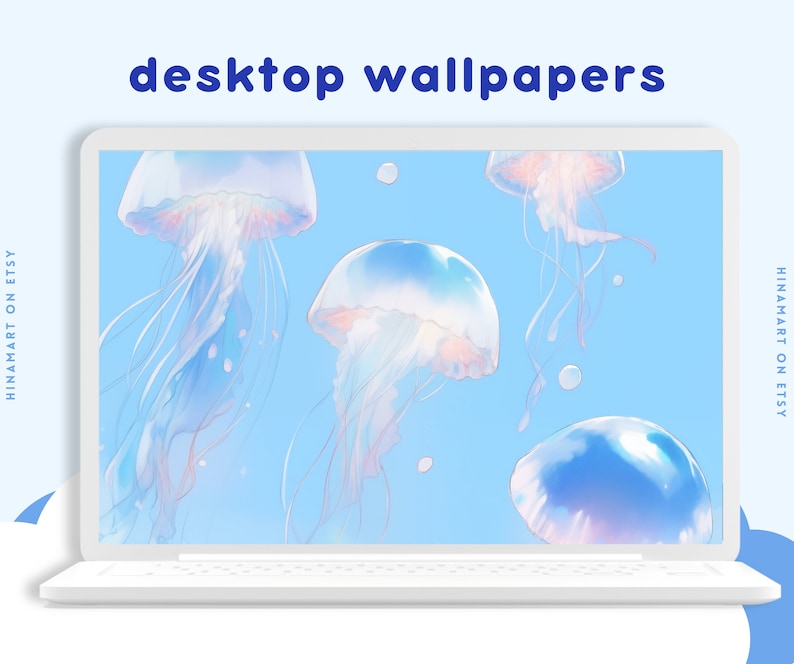 May include: A laptop screen displaying a digital illustration of four jellyfish in a light blue background. The jellyfish are translucent and have a light pink and blue color scheme. The text "desktop wallpapers" is displayed at the top of the screen.