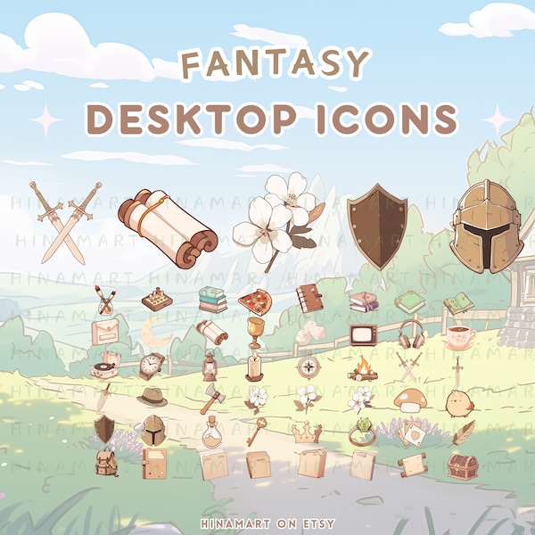 Fantasie avontuur desktop iconen set esthetische desktop organizer icoon anime map icoon windows mac iconen boerderij anime tuin lofi icon pack