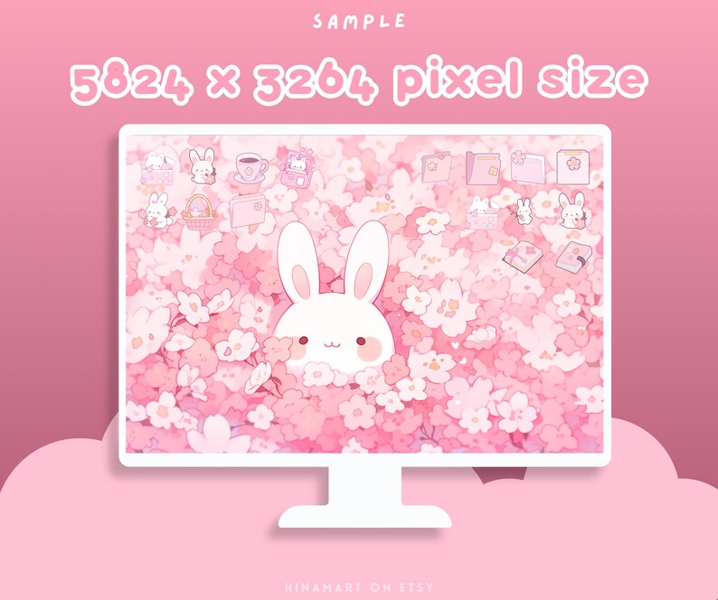 Sakura Bunny Lofi - Conjunto de fondos de pantalla para escritorio, iconos, organizador de escritorio rosa, flores kawaii, carpeta, fondo, paquete estético para Windows y Mac imagen 7