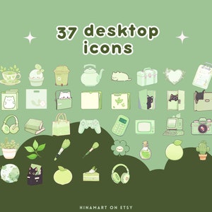 May include: 37 green and white desktop icons featuring various cute illustrations, including a cat, a teapot, a plant, a heart, a camera, a computer, a phone, a game controller, a book, a folder, a bag, a clipboard, a potted plant, a cactus, a cup of tea, a flower, a bottle, a cake, a pair of headphones, a globe, and a suitcase. The text "37 desktop icons" is at the top of the image.