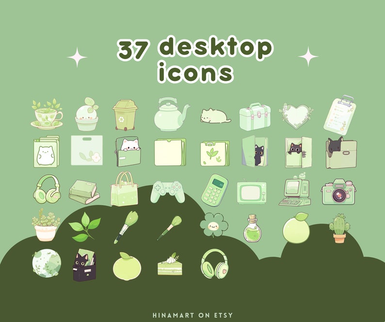May include: 37 green and white desktop icons featuring various cute illustrations, including a cat, a teapot, a plant, a heart, a camera, a computer, a phone, a game controller, a book, a folder, a bag, a clipboard, a potted plant, a cactus, a cup of tea, a flower, a bottle, a cake, a pair of headphones, a globe, and a suitcase. The text "37 desktop icons" is at the top of the image.