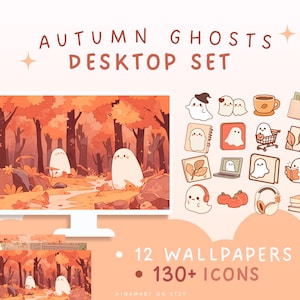 Autumn ghosts desktop set wallpaper aesthetic cute desktop icons fall wallpaper kawaii icons Halloween wallpaper spooky desktop organizer