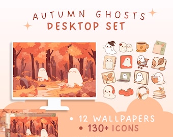 Autumn ghosts desktop set wallpaper aesthetic cute desktop icons fall wallpaper kawaii icons Halloween wallpaper spooky desktop organizer