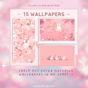 May include: Digital wallpapers in pink with a bunny theme. The image shows a phone, laptop, and tablet with matching designs of bunnies and cherry blossoms. Text reads "15 Wallpapers" and "Check out extra matching wallpapers in my shop!"