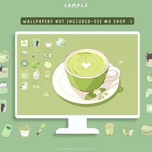 May include: A digital illustration of a green computer monitor with a green and white cup of matcha tea on the screen. The monitor is surrounded by green and white icons, including a cat, a plant, a book, a paintbrush, headphones, a game controller, a television, a trash can, and a calculator. The text "WALLPAPERS NOT INCLUDED - SEE MY SHOP :)" is at the top of the screen.