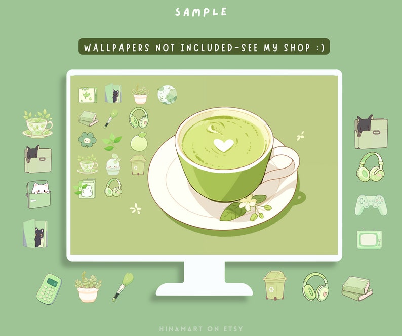 May include: A digital illustration of a green computer monitor with a green and white cup of matcha tea on the screen. The monitor is surrounded by green and white icons, including a cat, a plant, a book, a paintbrush, headphones, a game controller, a television, a trash can, and a calculator. The text "WALLPAPERS NOT INCLUDED - SEE MY SHOP :)" is at the top of the screen.
