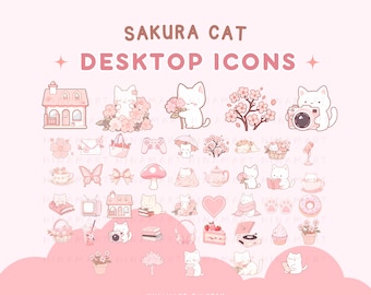 May include: A collection of pink desktop icons featuring a Sakura Cat theme. The icons include a house, cats with flowers, a camera, and other cute illustrations. The text "Sakura Cat Desktop Icons" is displayed at the top.