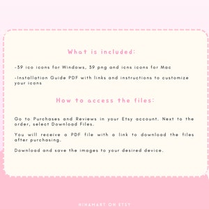 May include: A pink and white digital download graphic with the text "What is included:" and "How to access the files:" The text describes the contents of the download, including icons and a PDF guide, and instructions for accessing the files.