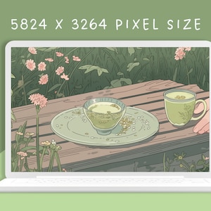 May include: A digital illustration of a wooden table with two green tea cups and a saucer with green tea leaves. The table is set in a green garden with flowers and plants.