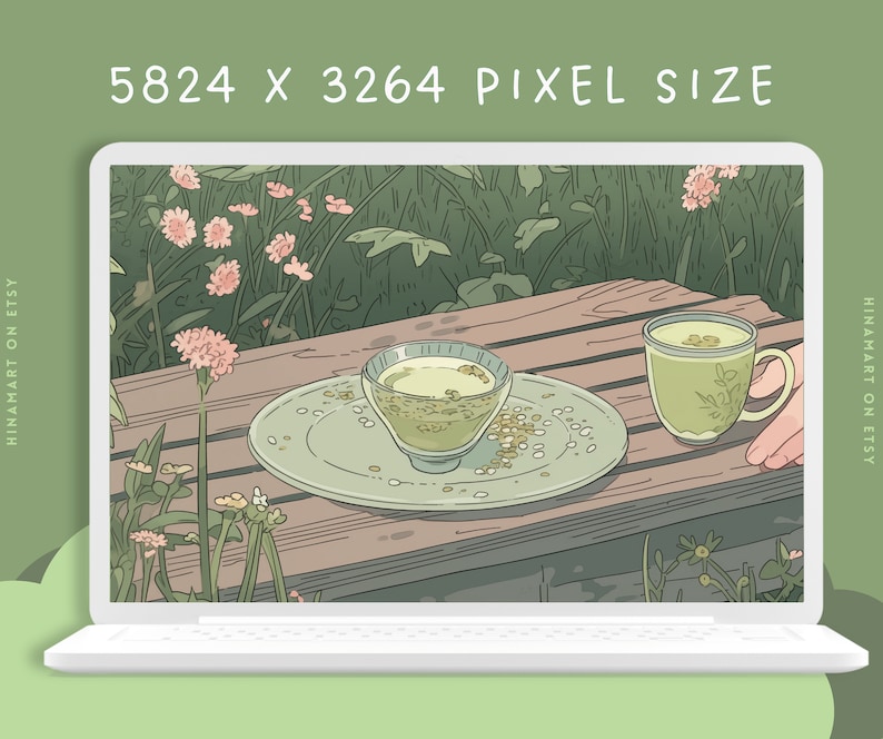 May include: A digital illustration of a wooden table with two green tea cups and a saucer with green tea leaves. The table is set in a green garden with flowers and plants.