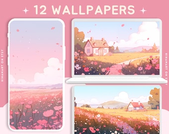 May include: A set of 12 digital phone and computer wallpapers featuring a pink and yellow landscape with a small white house and a path leading to it. The background is a soft pink and blue gradient with clouds. The image is in a cartoon style.