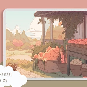 May include: A digital illustration of a quaint countryside store with a wooden porch and a variety of produce displayed in baskets. The store is surrounded by lush greenery and a bright blue sky with fluffy clouds.