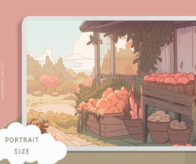 May include: A digital illustration of a quaint countryside store with a wooden porch and a variety of produce displayed in baskets. The store is surrounded by lush greenery and a bright blue sky with fluffy clouds.