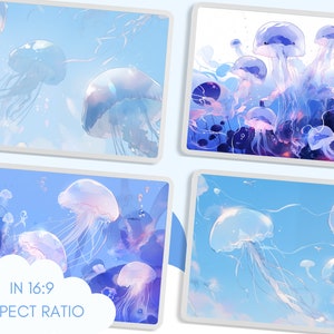 May include: A digital illustration of a group of jellyfish swimming in a blue sky with white clouds. The jellyfish are translucent and have long, flowing tentacles.