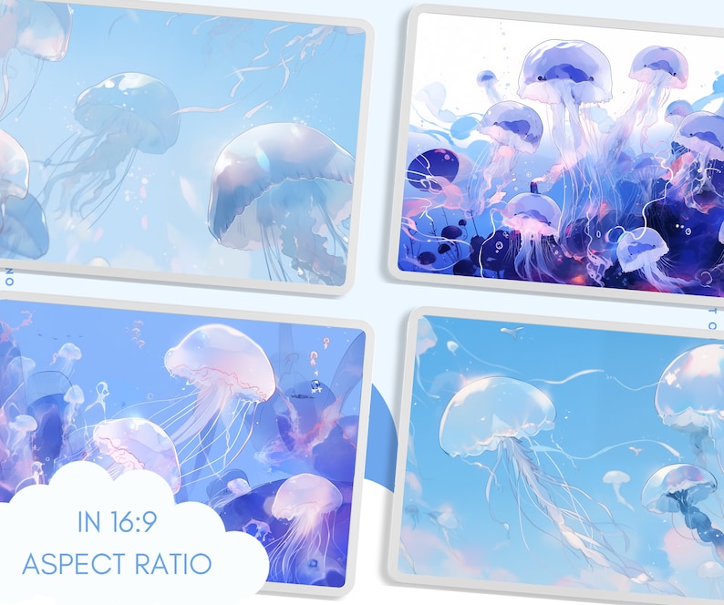 May include: A digital illustration of a group of jellyfish swimming in a blue sky with white clouds. The jellyfish are translucent and have long, flowing tentacles.