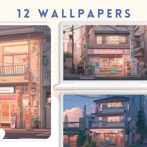 May include: A digital illustration depicting a Japanese street scene at sunset. The image showcases a small convenience store with a pink awning and a sign reading "コンビニスイーツの店", translating to "Convenience Store Sweets Shop". The store is situated on a street corner with a pedestrian crossing and a few cars parked nearby. The buildings in the background are tall and narrow, with numerous windows. The sky is a soft orange and pink, with the sun setting behind the buildings.
