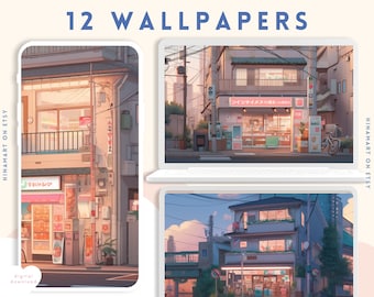 lofi straat anime esthetische wallpapers landschap landschap bundelpakket kawaii roze blauw desktop tablet telefoon wallpapers achtergronden