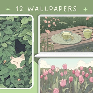 Pode incluir: Uma ilustração digital de 12 papéis de parede com um gato e um gatinho escondidos em uma folhagem verde, um laptop com uma xícara de chá em uma mesa de madeira e um campo de flores rosa.