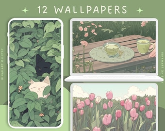 Matcha green lofi wallpaper cute wallpapers cat wallpaper anime wallpaper tulip kawaii wallpapers aesthetic desktop set bundle 4k wallpapers