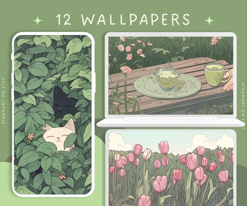 May include: A digital illustration of 12 wallpapers featuring a cat and a kitten hiding in green foliage, a laptop with a cup of tea on a wooden table, and a field of pink flowers.