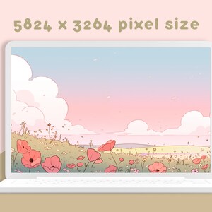 May include: A digital illustration of a field of pink flowers with a blue and pink sky in the background. The image is on a laptop screen.