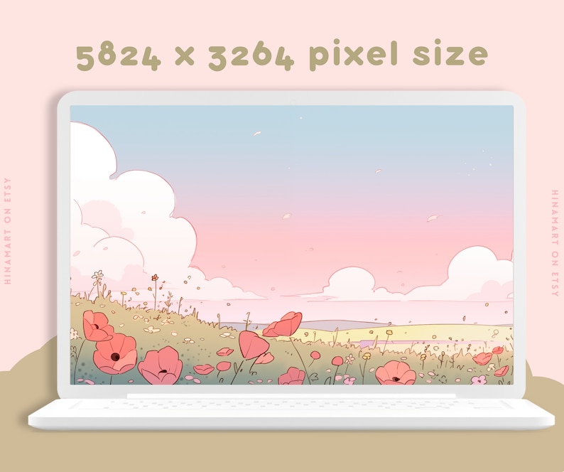 May include: A digital illustration of a field of pink flowers with a blue and pink sky in the background. The image is on a laptop screen.