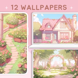 Puede incluir: Un conjunto de 12 fondos de pantalla digitales con lindas ilustraciones en colores pastel de una casa, un camino de jardín y un arco floral. Las ilustraciones están en un estilo suave y caprichoso.